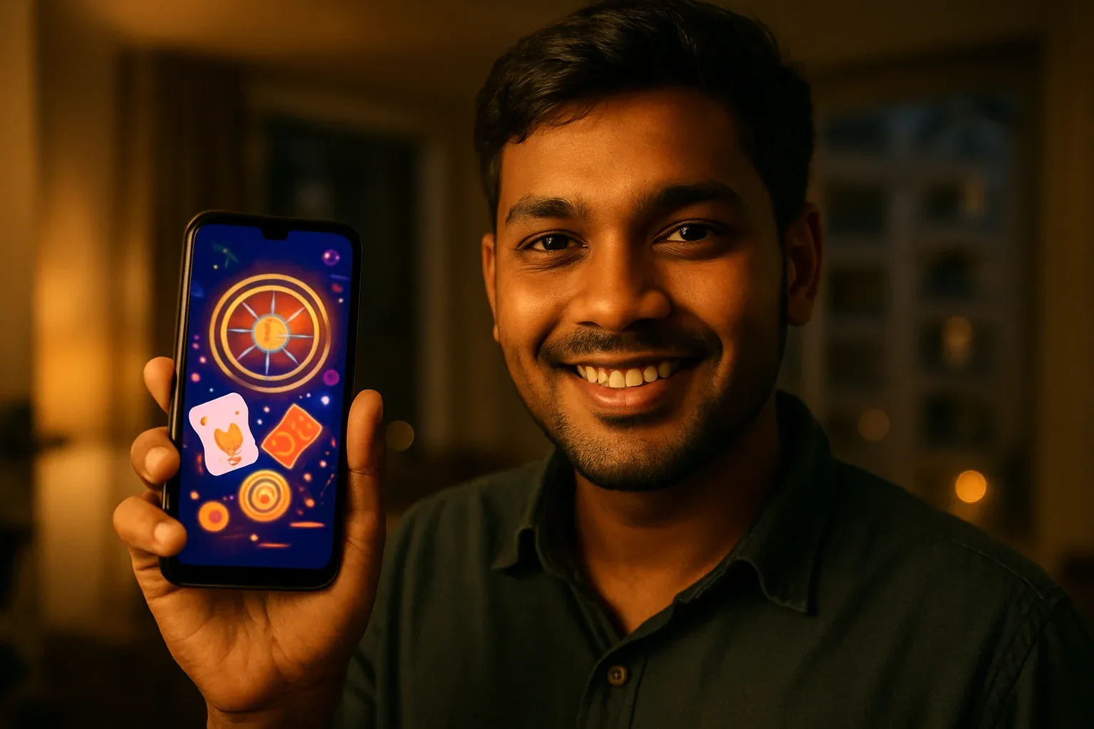 Young Bangladeshi man holding smartphone showing glowing casino app interface