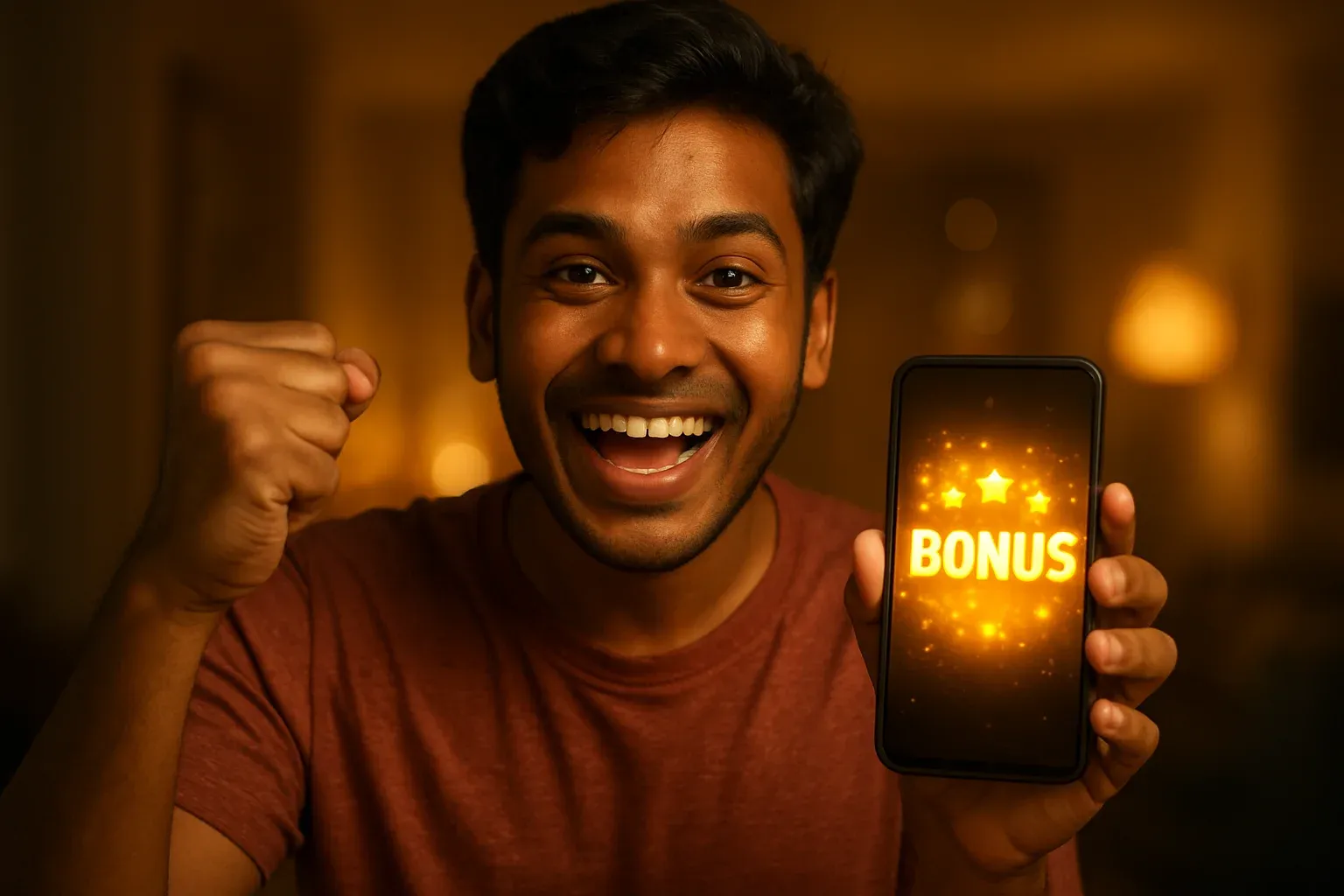 Joyful Bangladeshi man celebrating, holding smartphone with glowing golden bonus notification