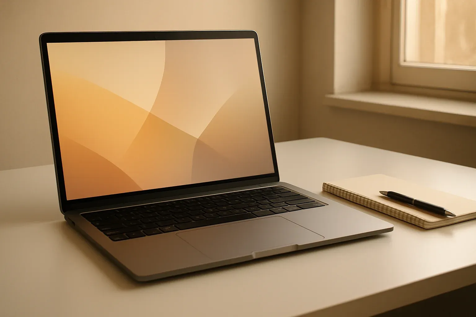 Modern laptop on white desk with abstract glowing screen in daylight