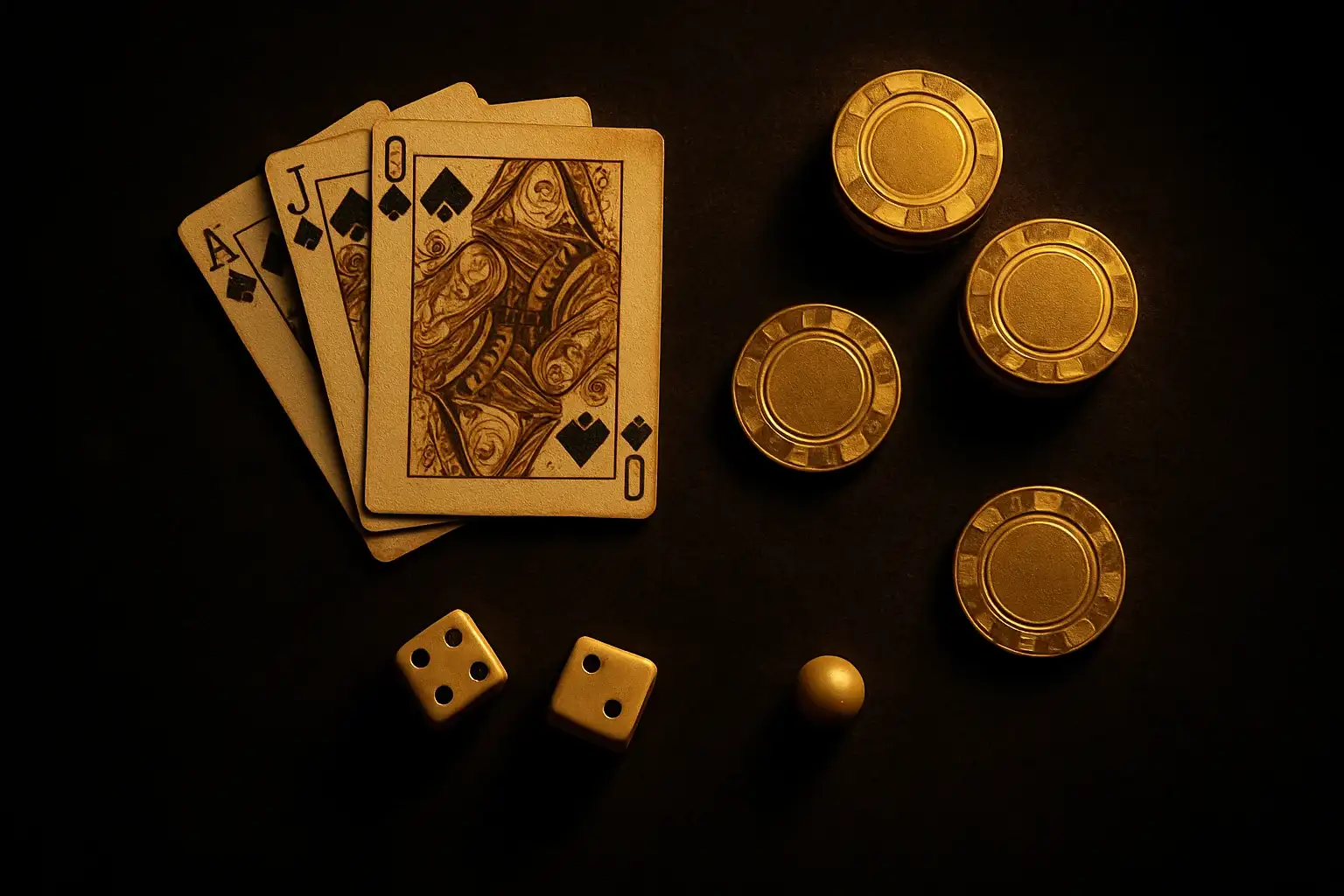 Top-down dark velvet flat-lay with golden chips, cards, dice, roulette ball