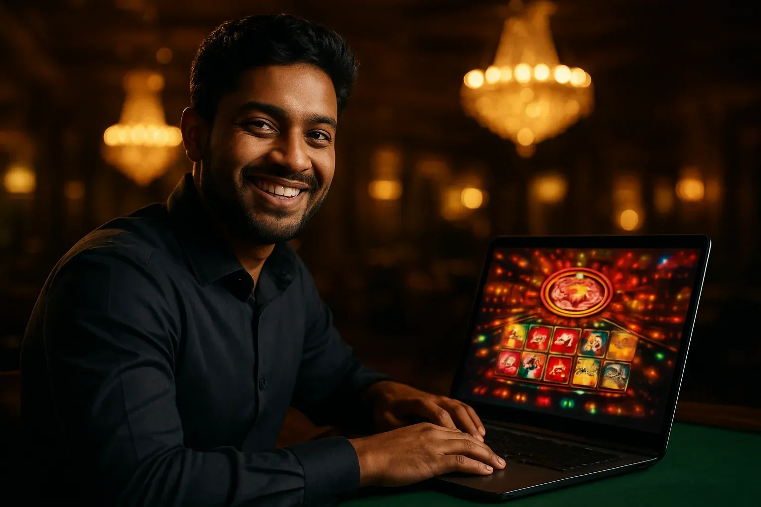 Cheerful Bangladeshi man smiling at open laptop with glowing casino interface