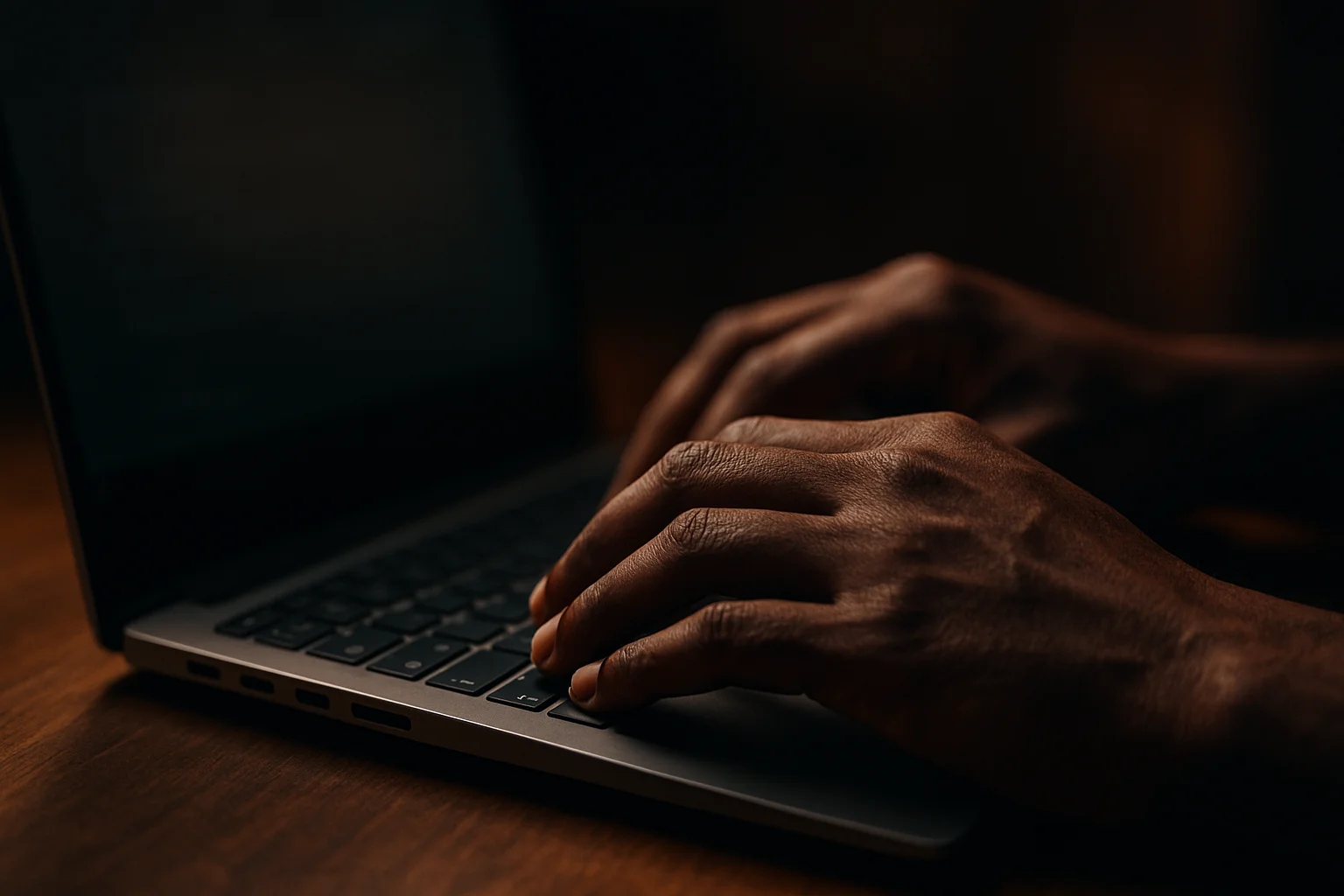 Close-up Bangladeshi hands typing on laptop keyboard in dramatic lighting