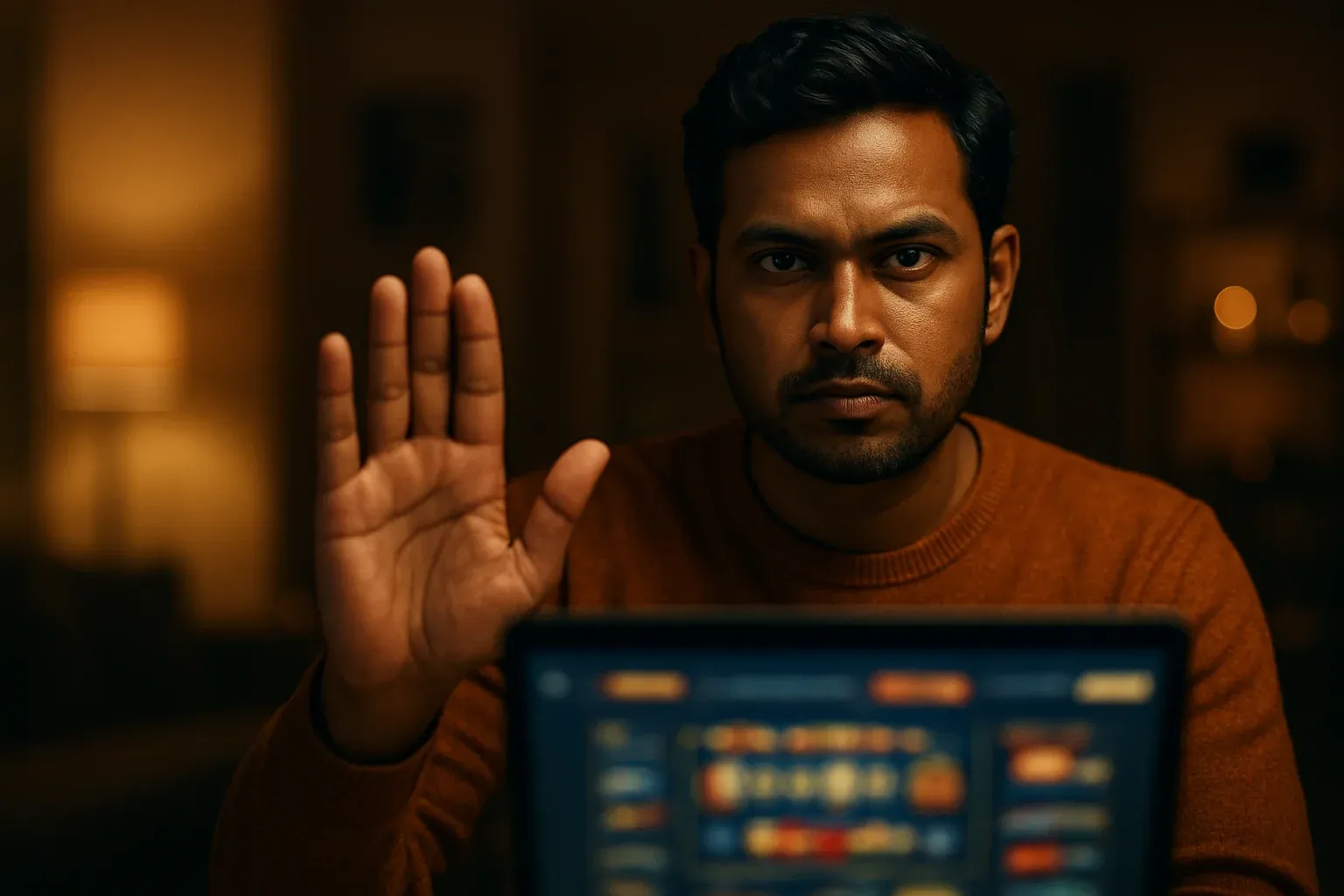 Confident Bangladeshi man shows stop gesture beside blurred online casino laptop
