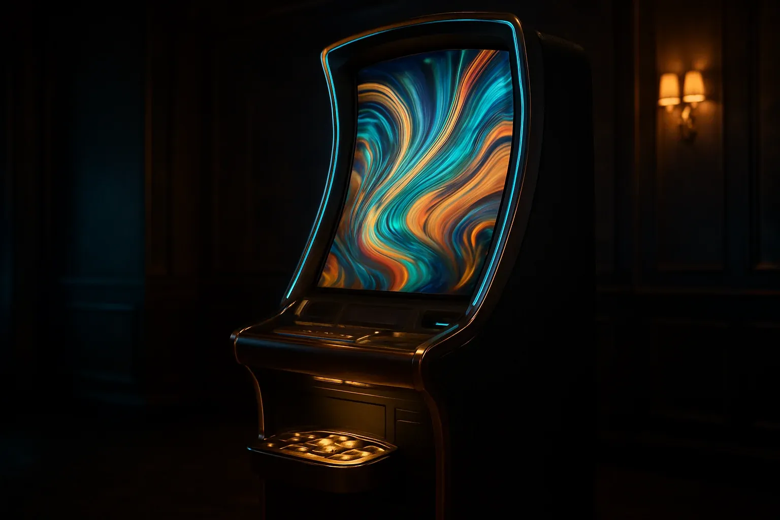 Hyperrealistic premium slot machine in dark luxury setting with neon lighting